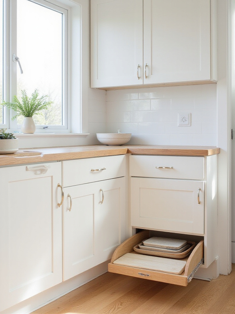 Under-cabinet drawer in kitchen toe-kick space, storing baking sheets and cutting boards for maximizing storage.