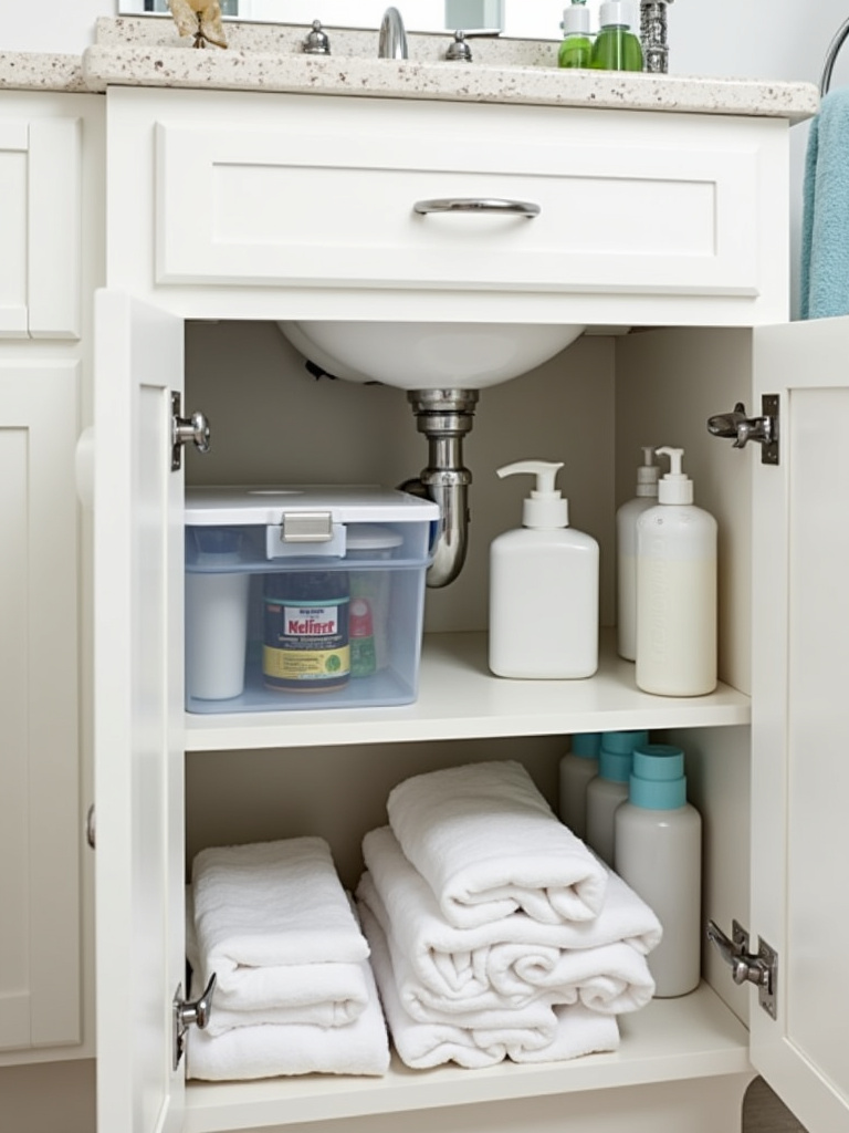Organized under-sink bathroom cabinet with shelves, bins, and drawers maximizing storage space.