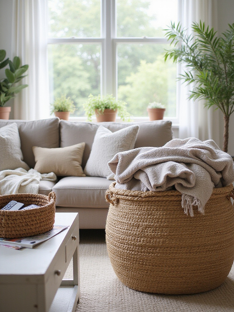 Stylish woven baskets providing storage for blankets and magazines in a modern apartment living room.