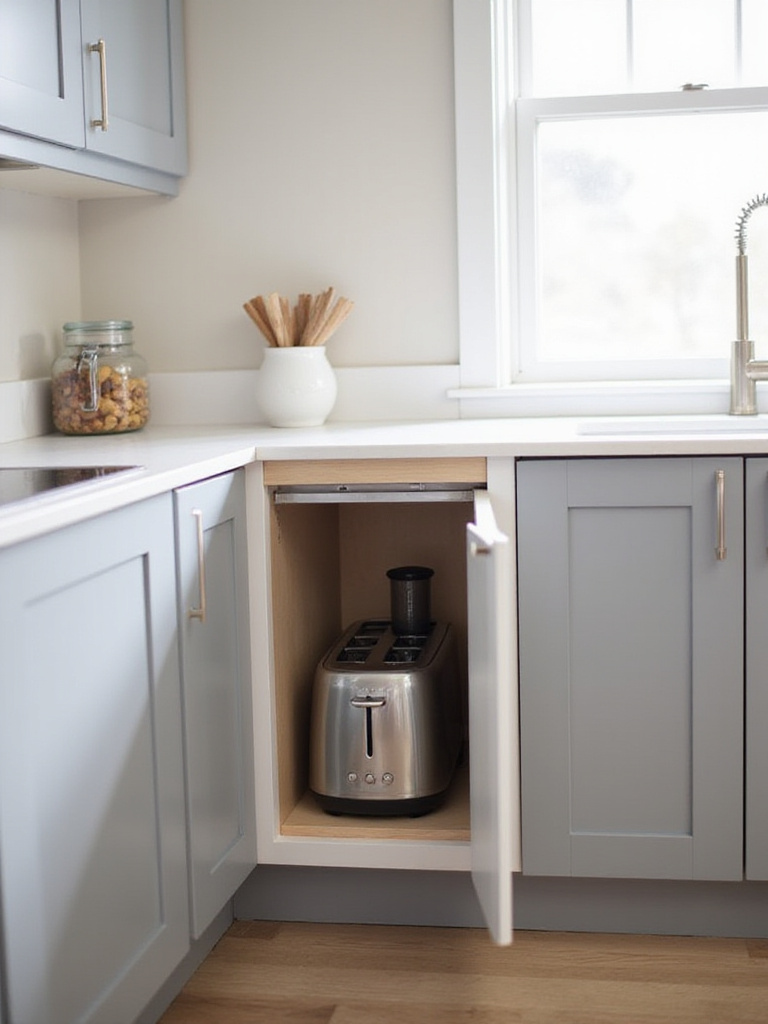 Sleek appliance garage seamlessly integrated into a modern kitchen countertop, hiding small appliances and decluttering the space.