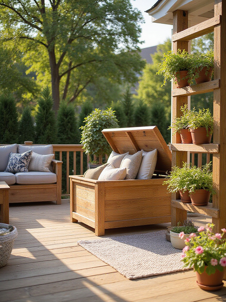 Deck with built-in bench storage, deck box, and vertical plant shelving.