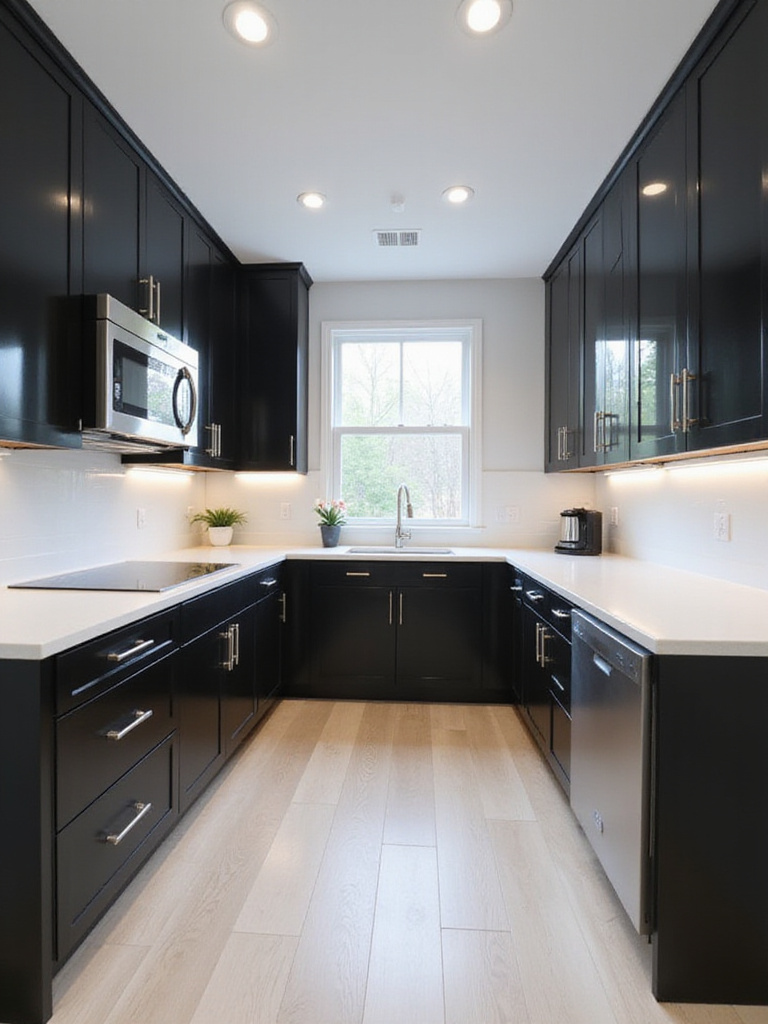 Modern kitchen with high-gloss black cabinets, white quartz countertops, and stainless steel appliances.