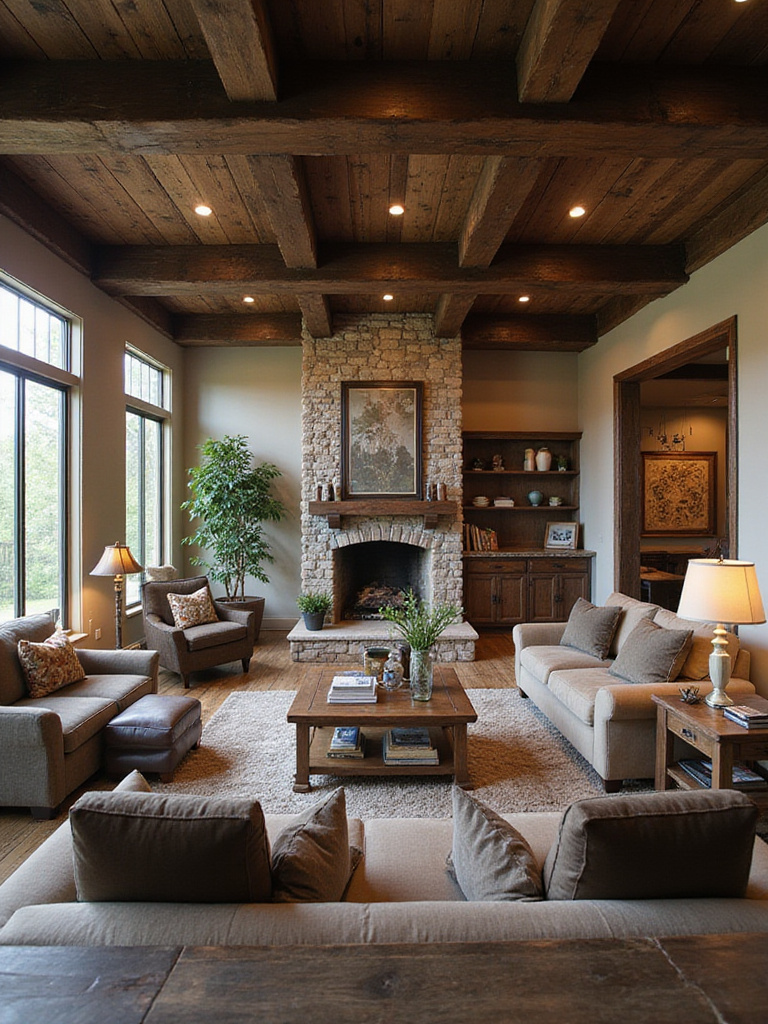 Rustic living room with exposed dark wood beams on the ceiling.