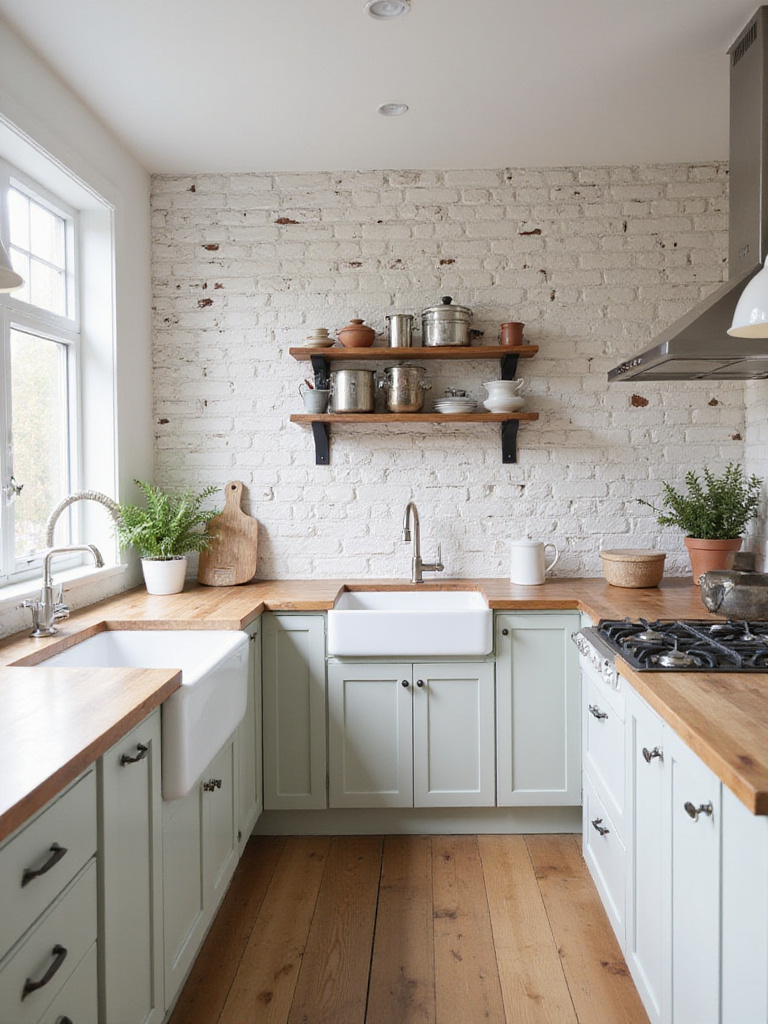 Farmhouse kitchen with white-painted exposed brick wall