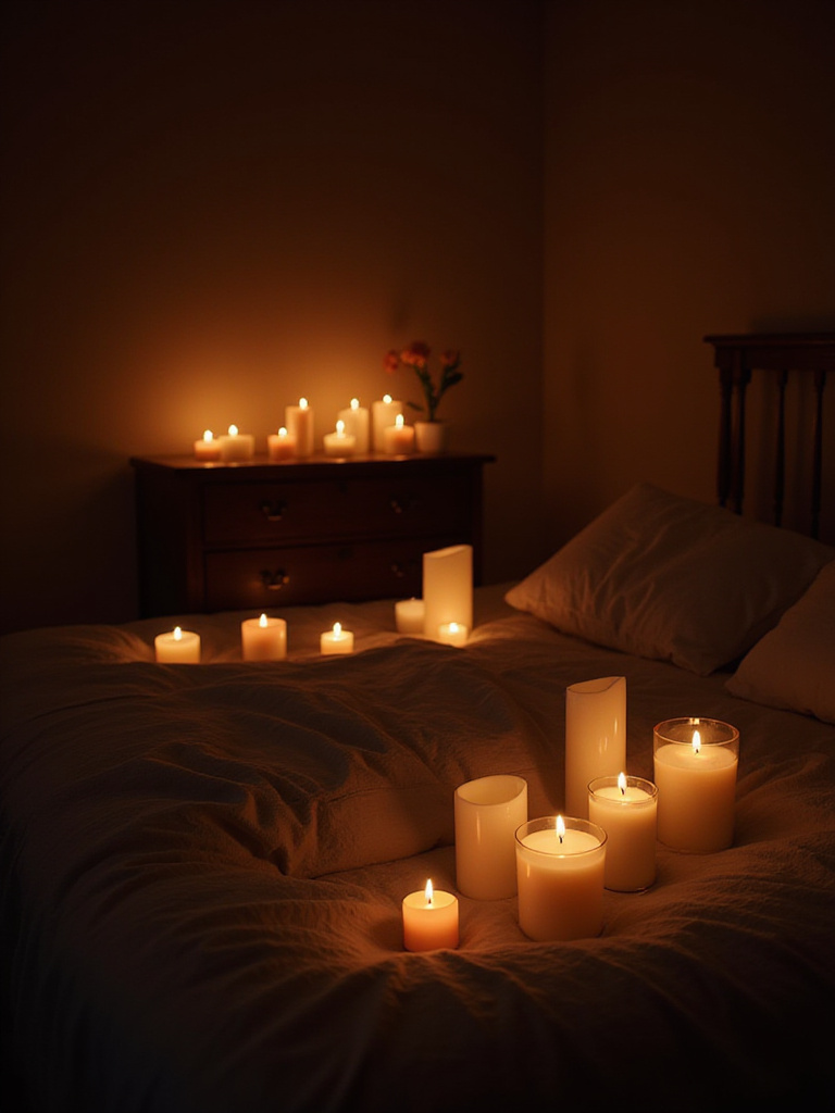 Romantic bedroom illuminated by candlelight, creating a warm and intimate atmosphere.
