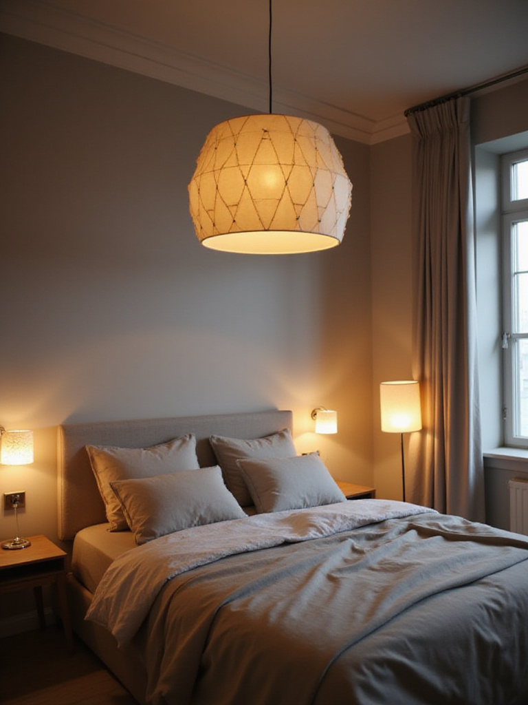 Modern apartment bedroom with statement lighting, including pendant light, sconces, and floor lamp.