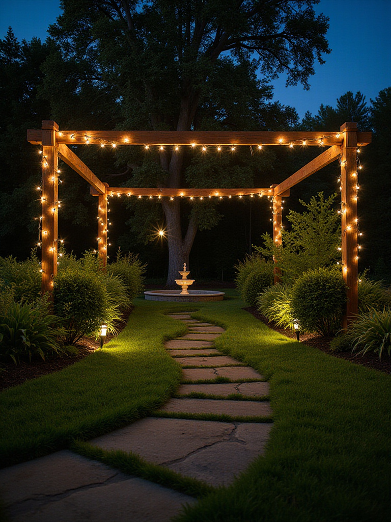 Enchanting lawn garden illuminated with string lights, path lights, and spotlights at twilight, creating a warm and inviting ambiance.