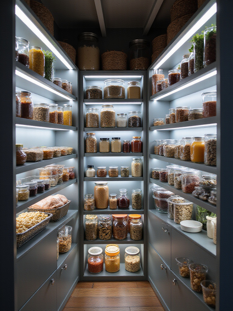 Well-lit and organized walk-in pantry with LED strip lighting under shelves.