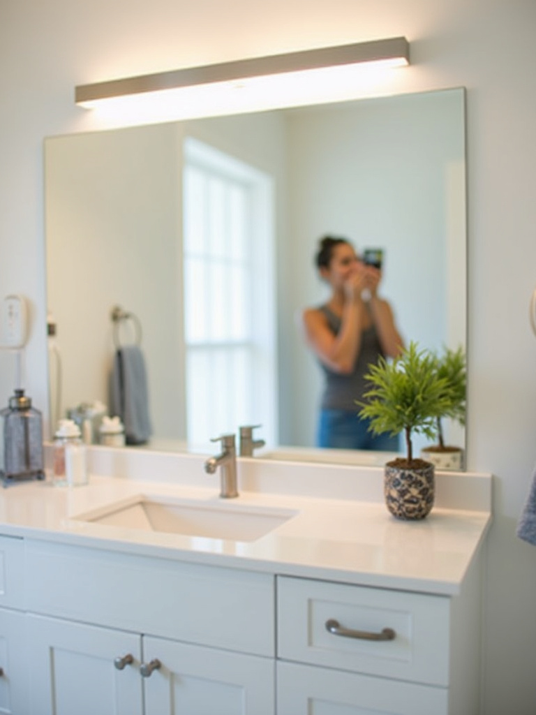 Modern apartment bathroom vanity with LED light bar providing even lighting for makeup application.