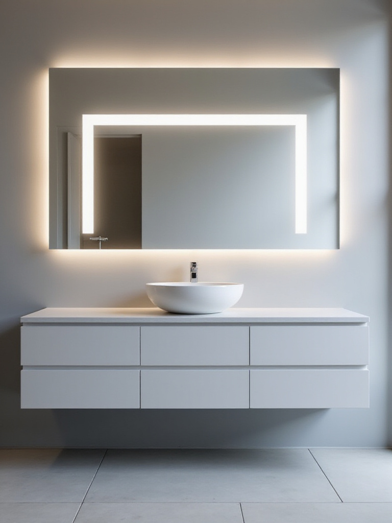Modern bathroom featuring a rectangular LED lighted mirror above a floating vanity.