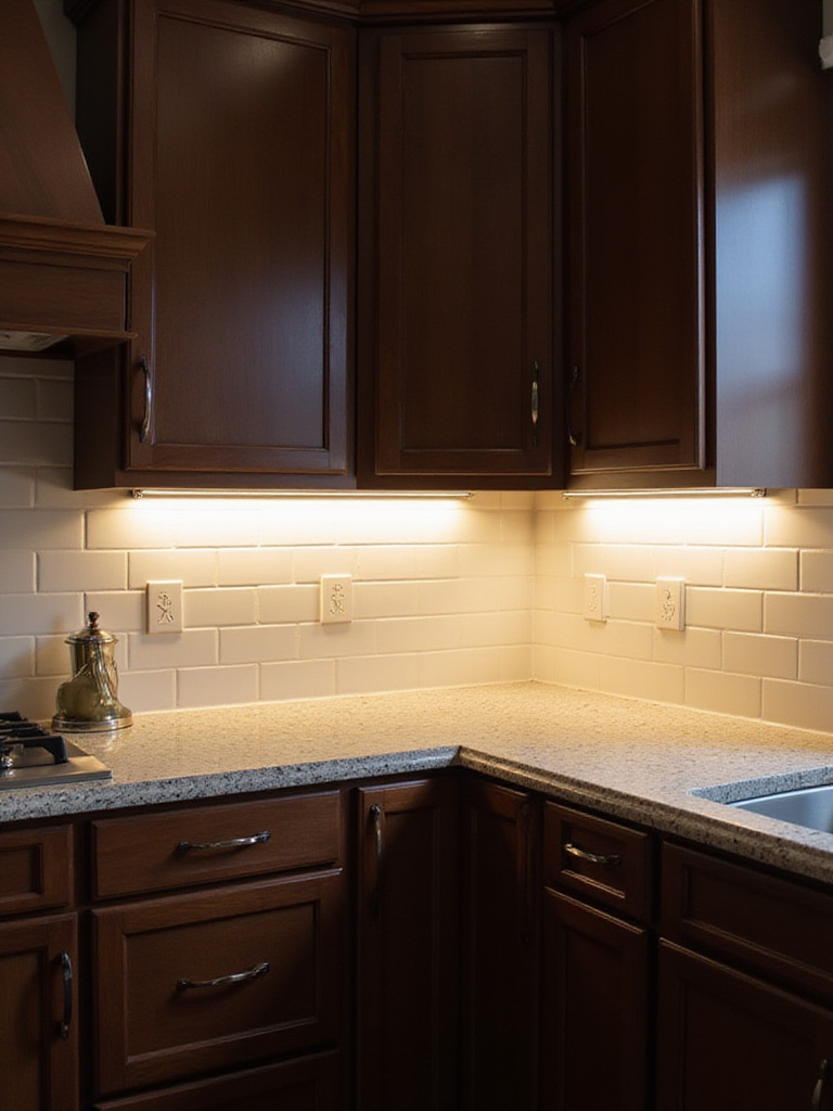 Modern kitchen with dark wood cabinets and granite countertop illuminated by warm white under-cabinet LED strip lighting.