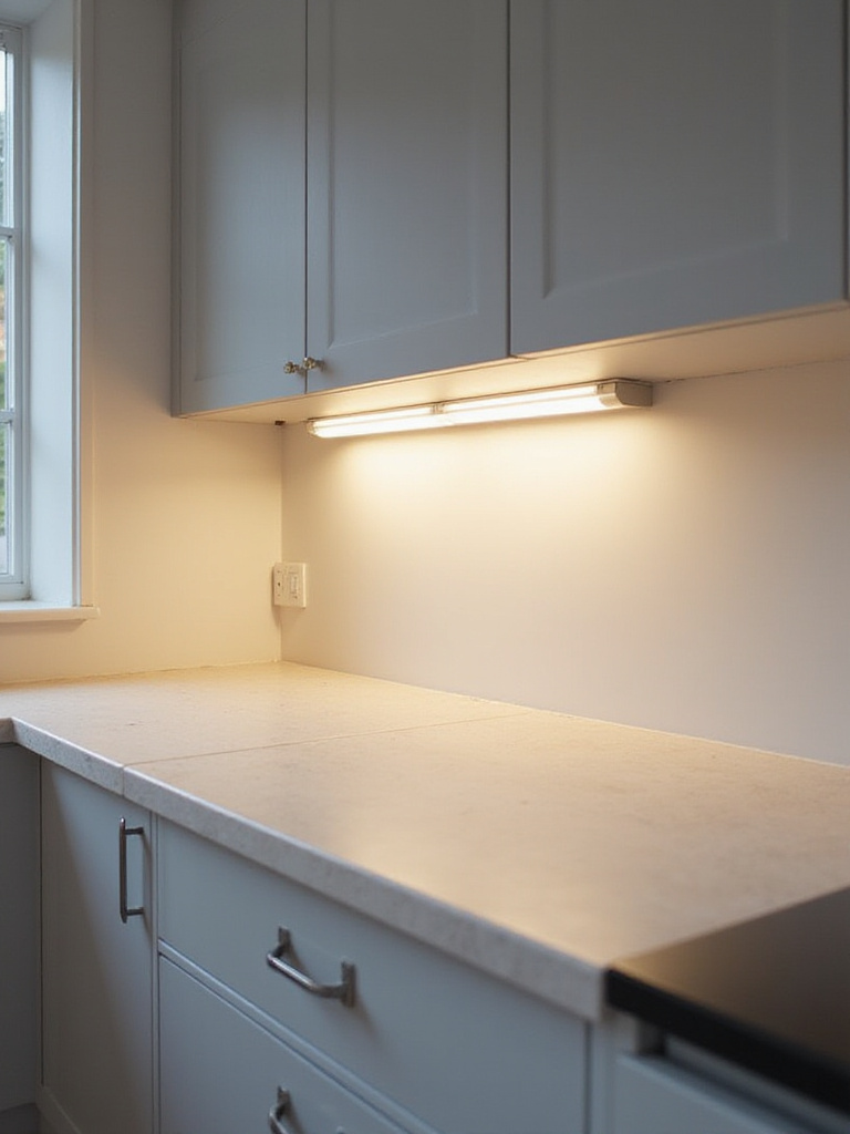 Well-lit kitchen countertop with LED under-cabinet lighting providing task illumination.