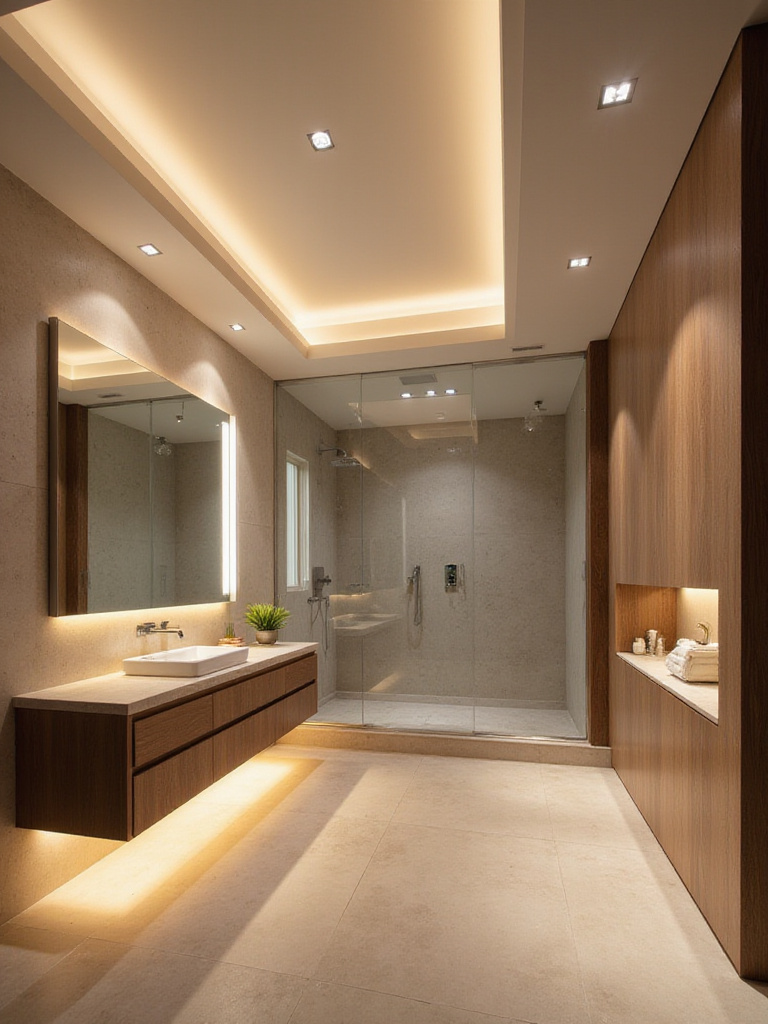 Modern bathroom with layered LED lighting, including recessed ceiling lights, vanity lights, and accent lighting under the vanity and in the shower niche.