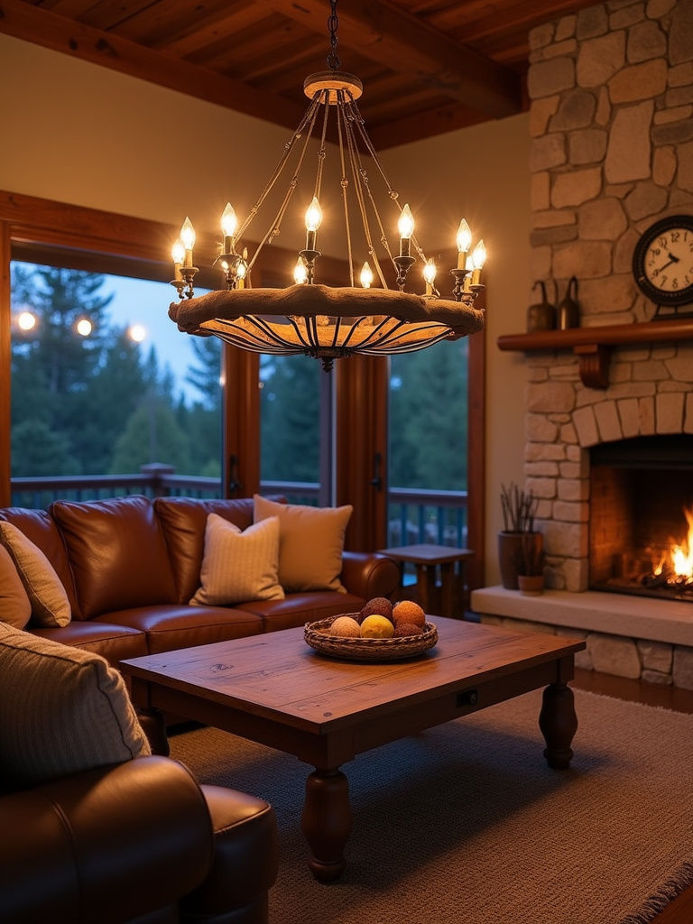 Rustic living room illuminated with iron and wood chandelier, creating a warm and cozy ambiance.