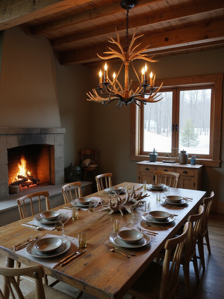 Rustic dining room with antler chandelier and shed antler decor