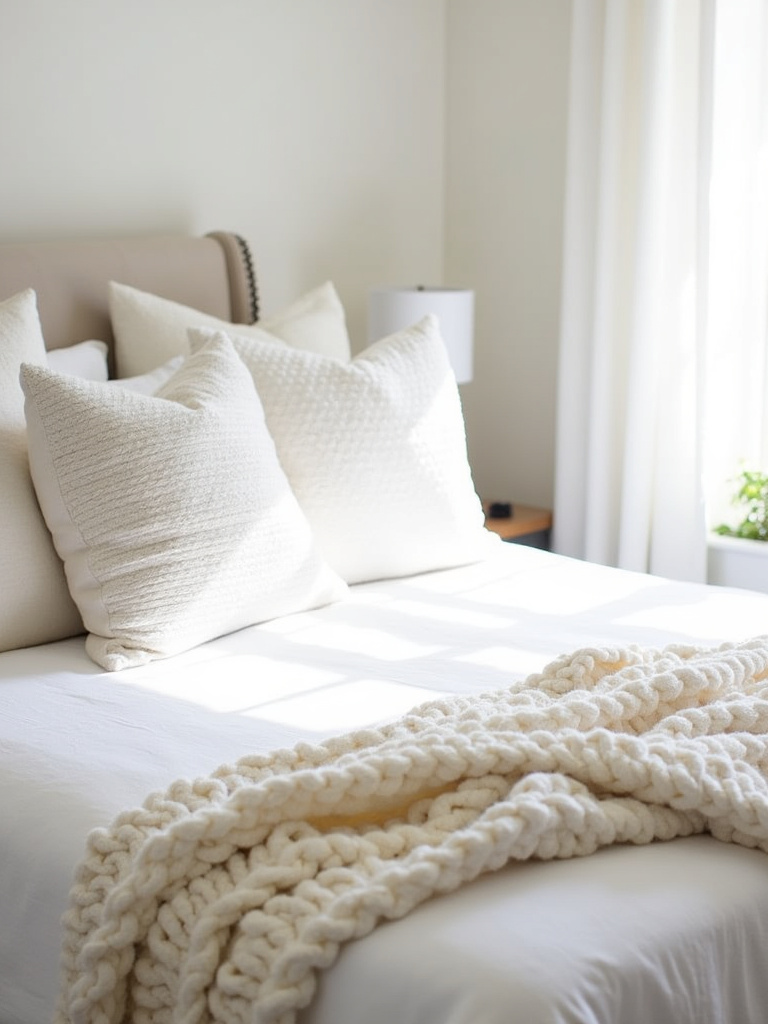 Cozy white bedroom with layered white throws and pillows for added comfort and style.