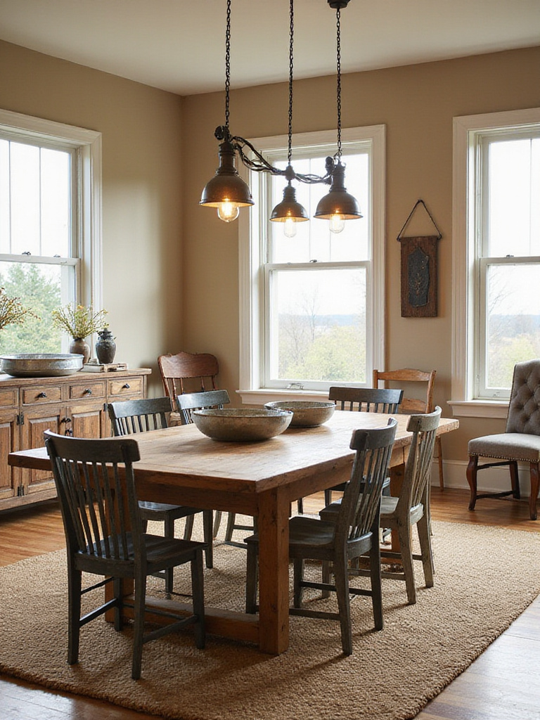 Rustic dining room with galvanized steel pendant lights and chairs adding an industrial touch.