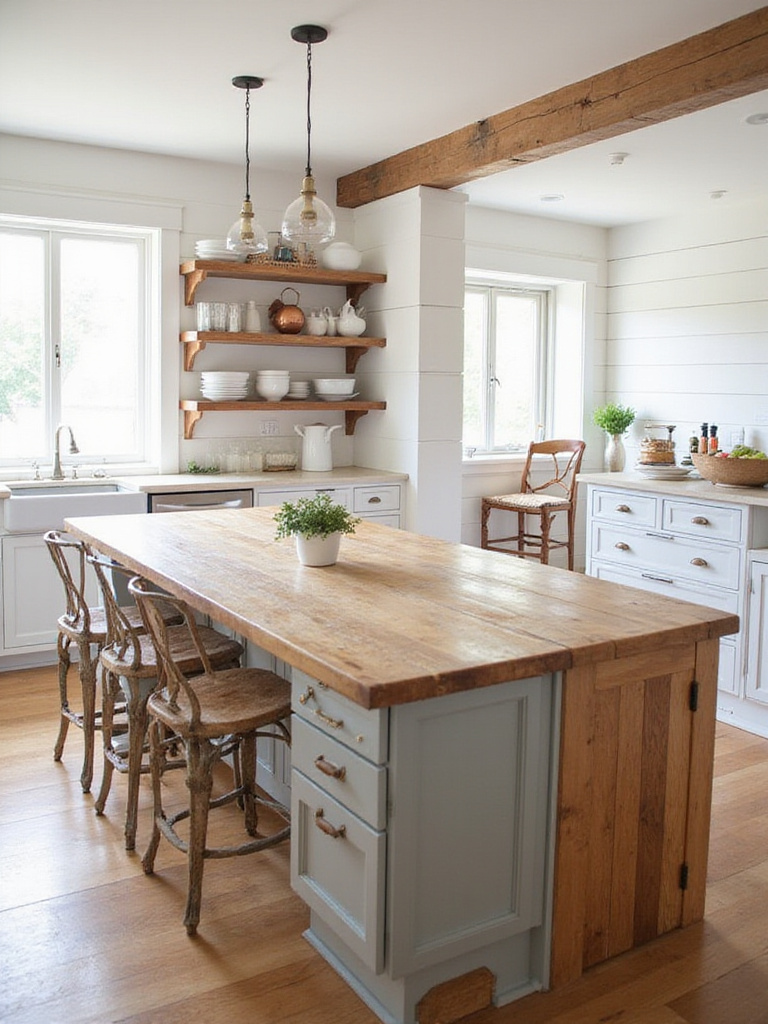 Farmhouse kitchen with reclaimed wood island countertop and open shelving