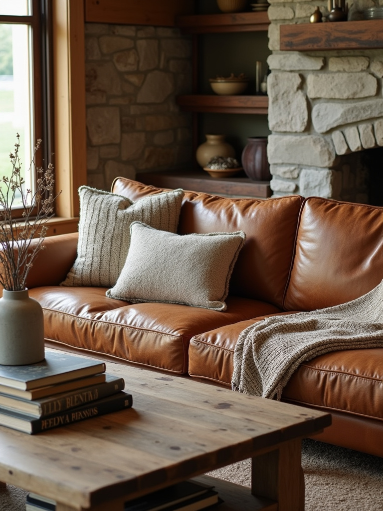 Rustic living room with distressed leather sofa and natural wood accents