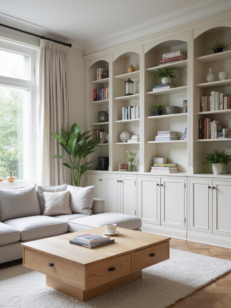 Bright living room with built-in bookcase and coffee table storage.