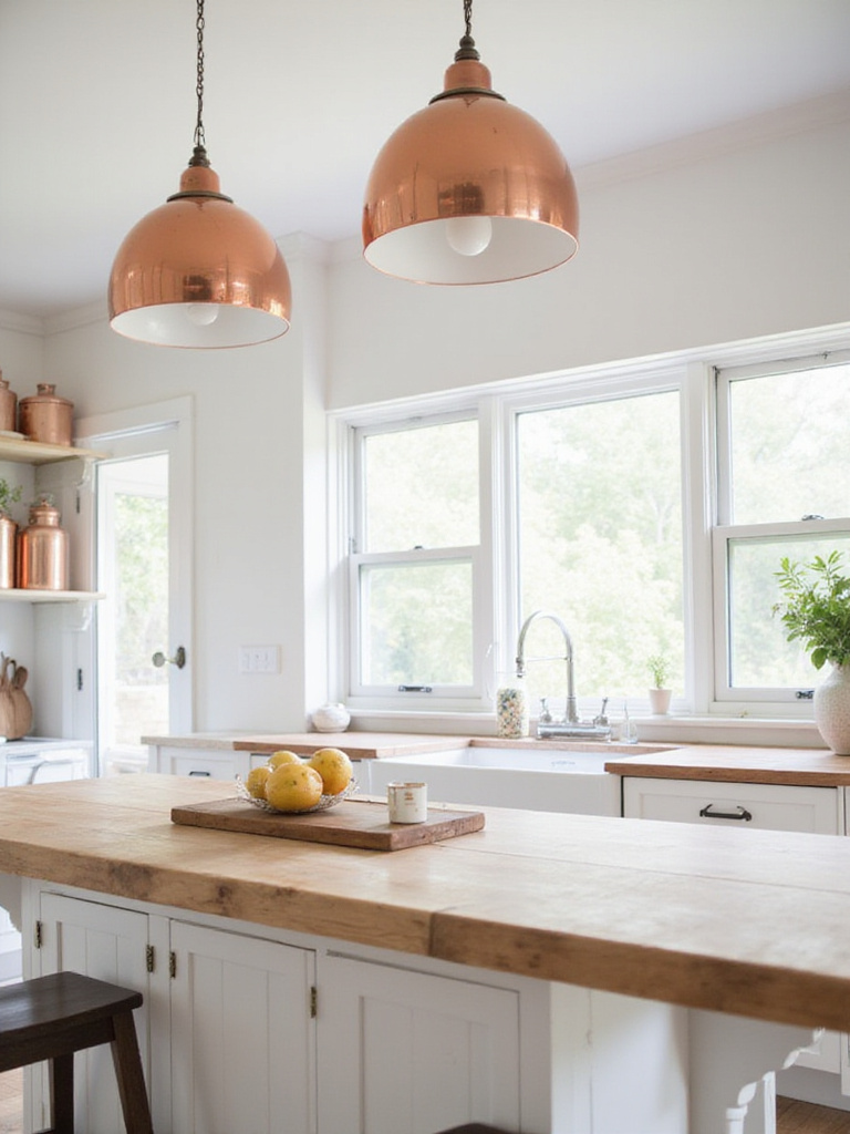 Farmhouse kitchen with copper pendant lights and copper canisters on open shelving