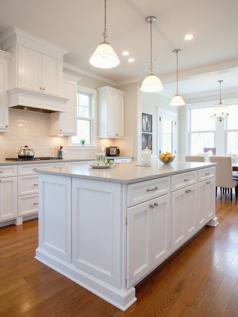 Modern kitchen island with white cabinets and grey quartz countertop, providing extra storage and prep space.