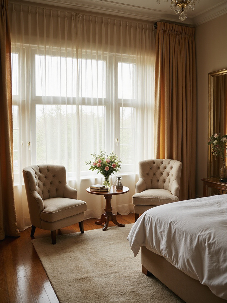 Cozy bedroom seating area with armchairs, table, and soft lighting.