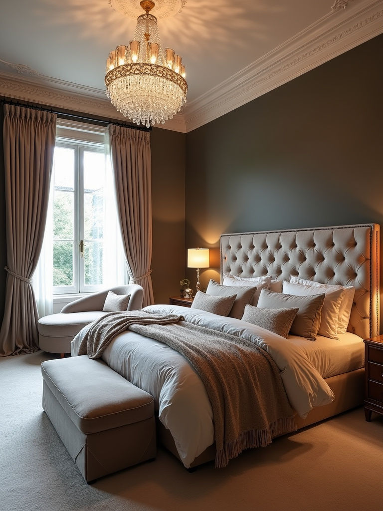 Luxurious opulent bedroom interior design with velvet headboard, crystal chandelier, and plush bedding.