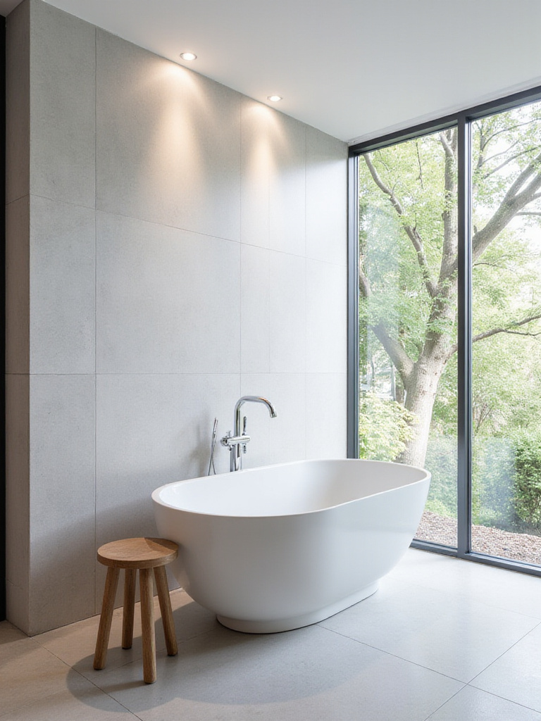 Modern bathroom with white freestanding tub and natural light