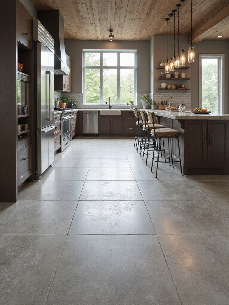 Modern kitchen with concrete-look tile flooring, stainless steel appliances, and dark wood cabinets.