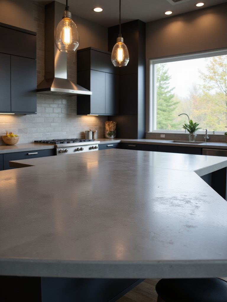 Modern kitchen with gray concrete countertops and stainless steel appliances.