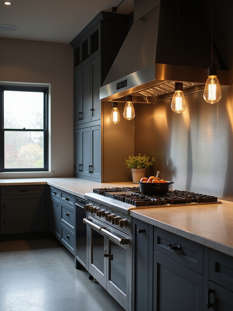 Modern kitchen with stainless steel backsplash and concrete countertops