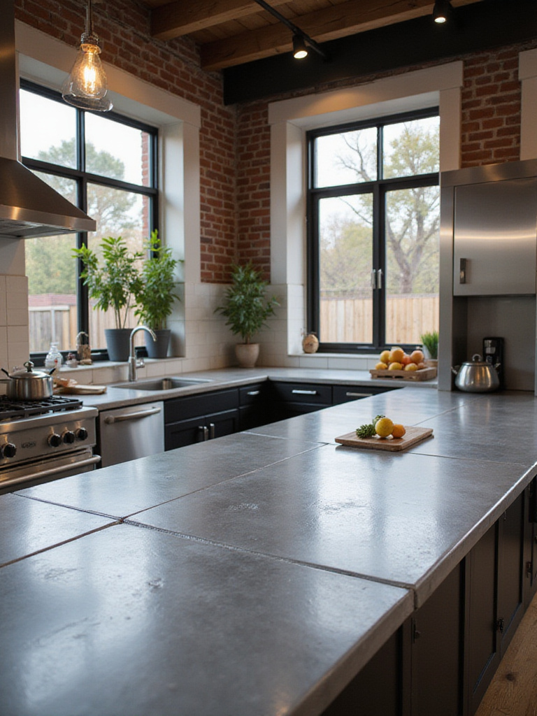 Modern industrial kitchen with unique zinc countertops.