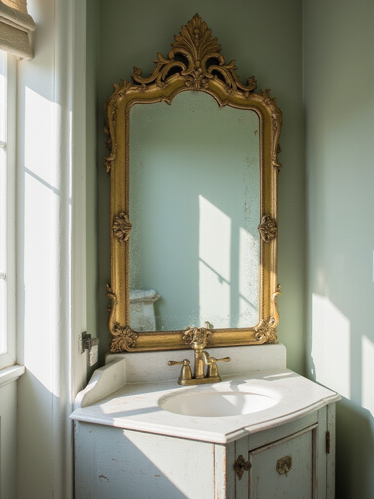 Bathroom with antique mirror and distressed wood vanity