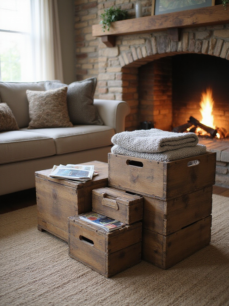 Rustic living room with coffee table made from repurposed wooden crates.