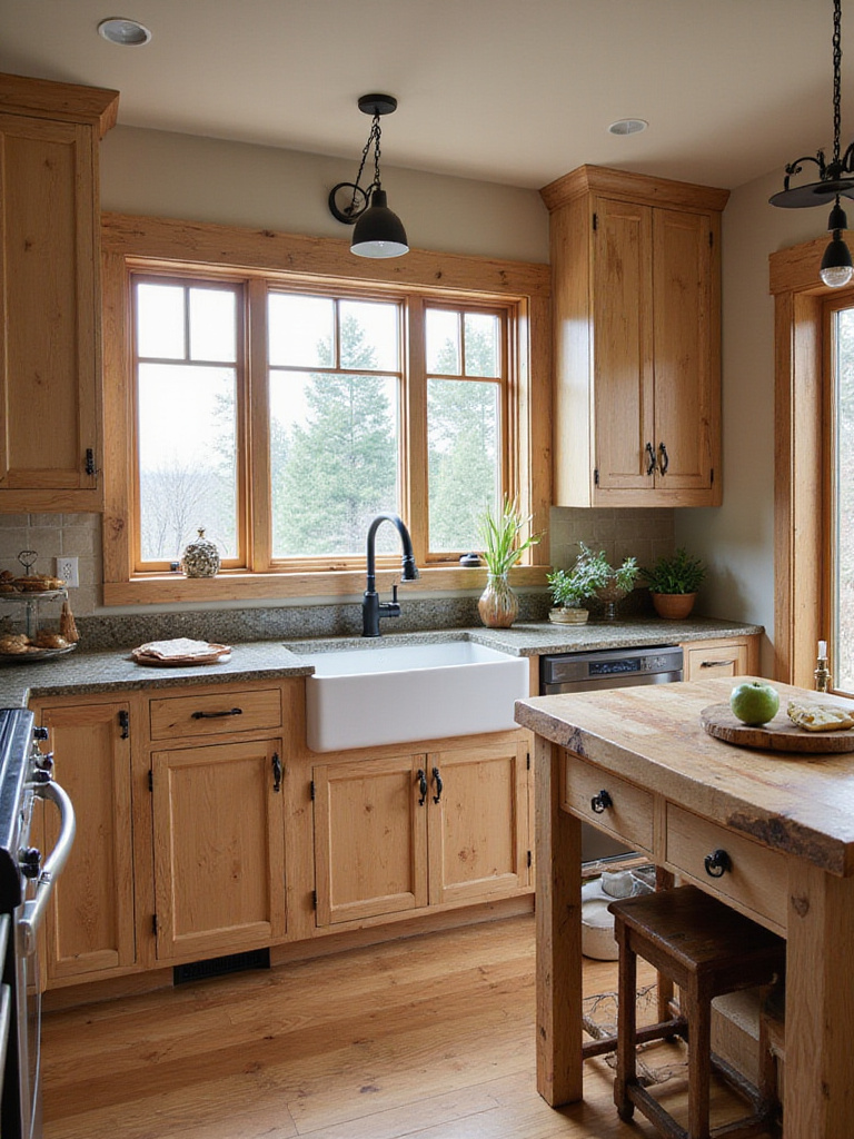 Rustic kitchen with natural wood cabinets and granite countertops