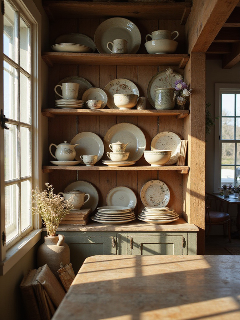 Vintage dishes and pottery displayed on rustic open shelving in a dining room.