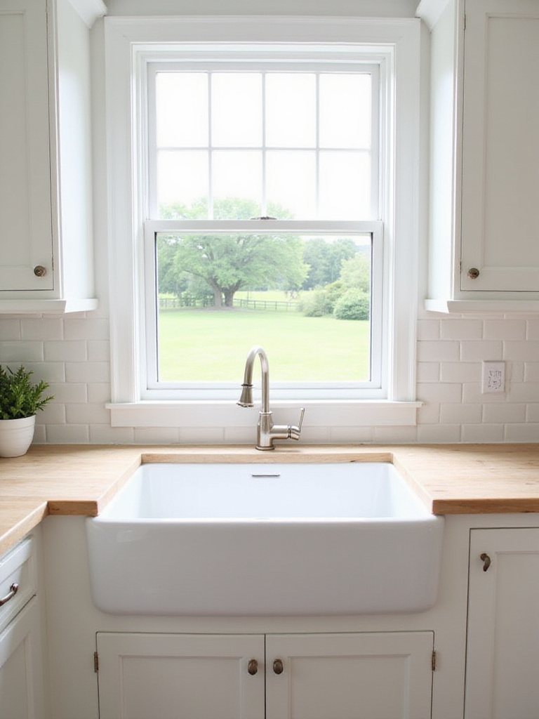 White fireclay farmhouse sink with brushed nickel bridge faucet in a bright farmhouse kitchen