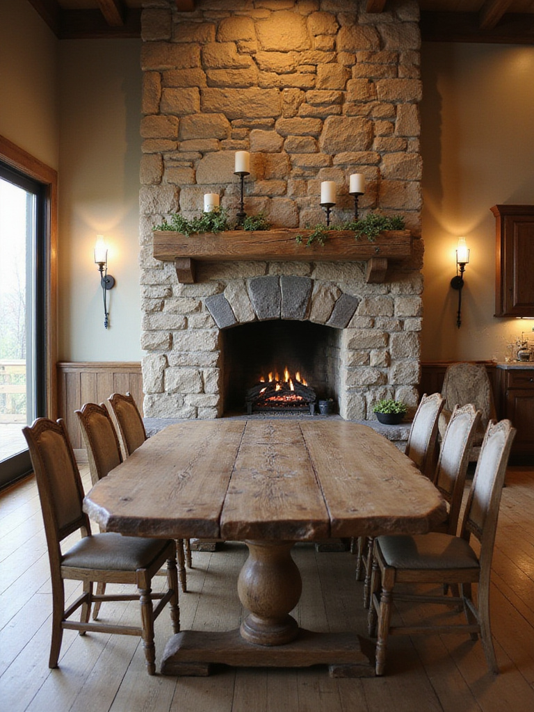 Rustic dining room with natural stone fireplace.