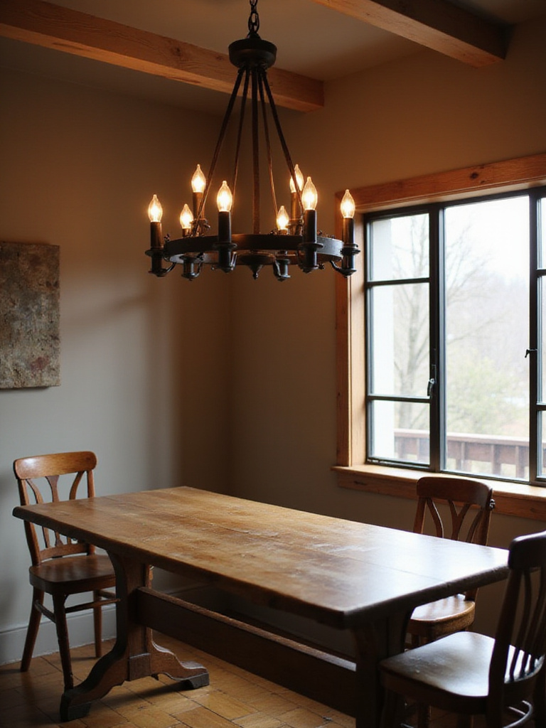 Rustic dining room with a statement iron chandelier hanging above a wooden table.