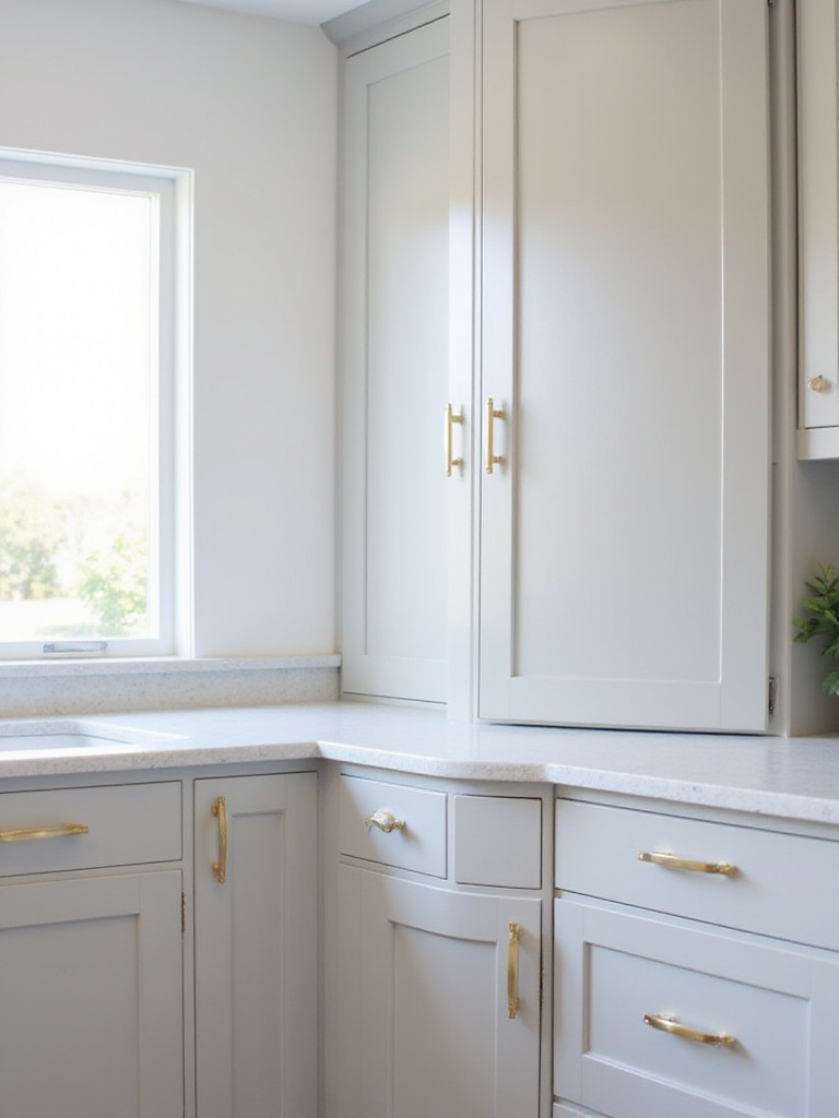 Kitchen with light grey cabinets and brushed gold pulls