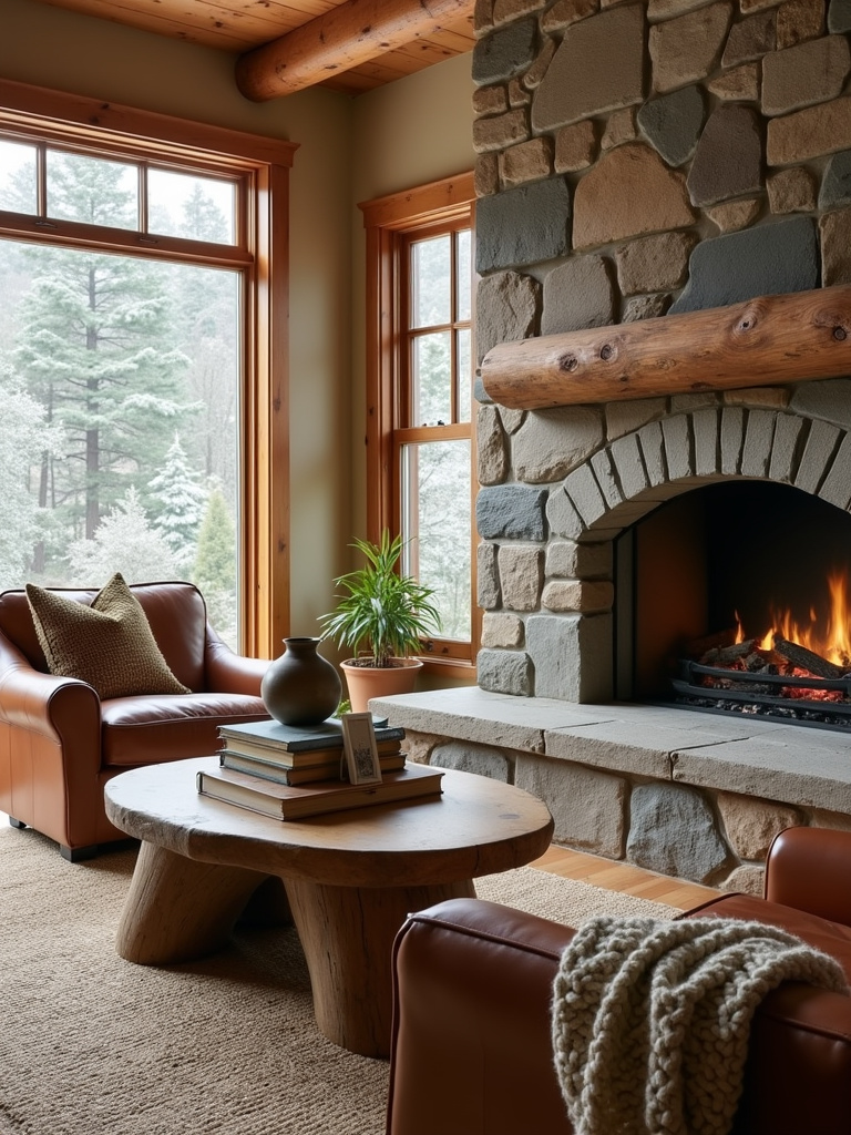 Rustic living room with log accent coffee table and stone fireplace.