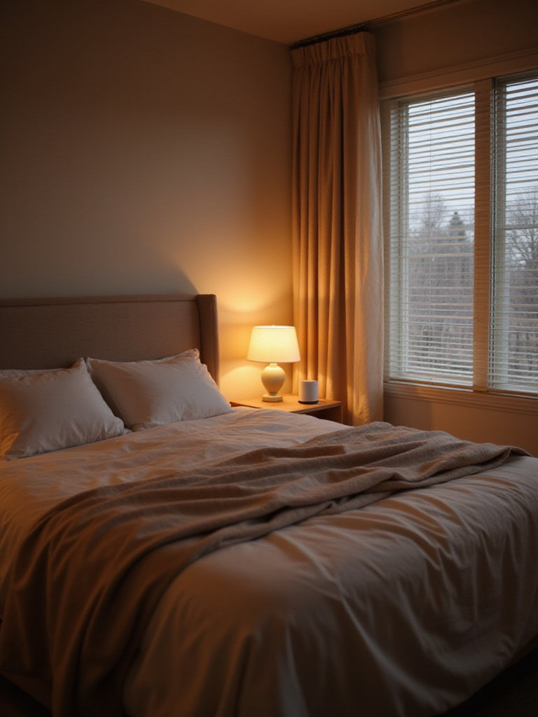 Modern bedroom with smart home technology for comfort and romance.