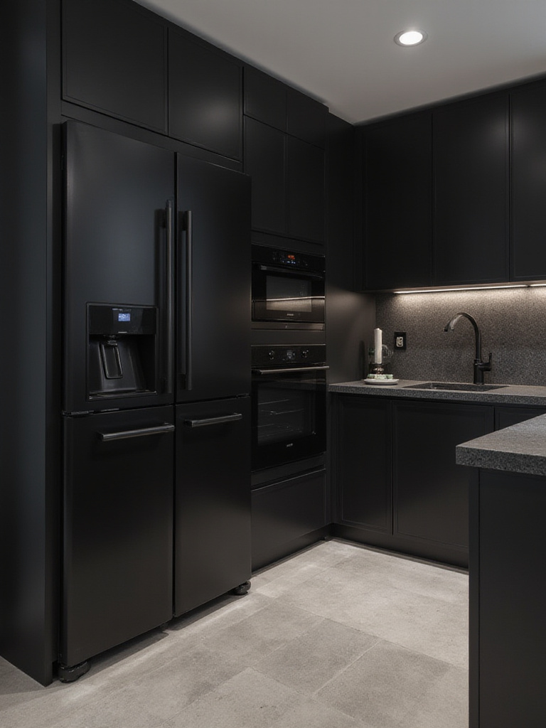 Modern black kitchen with integrated appliances for a seamless design.