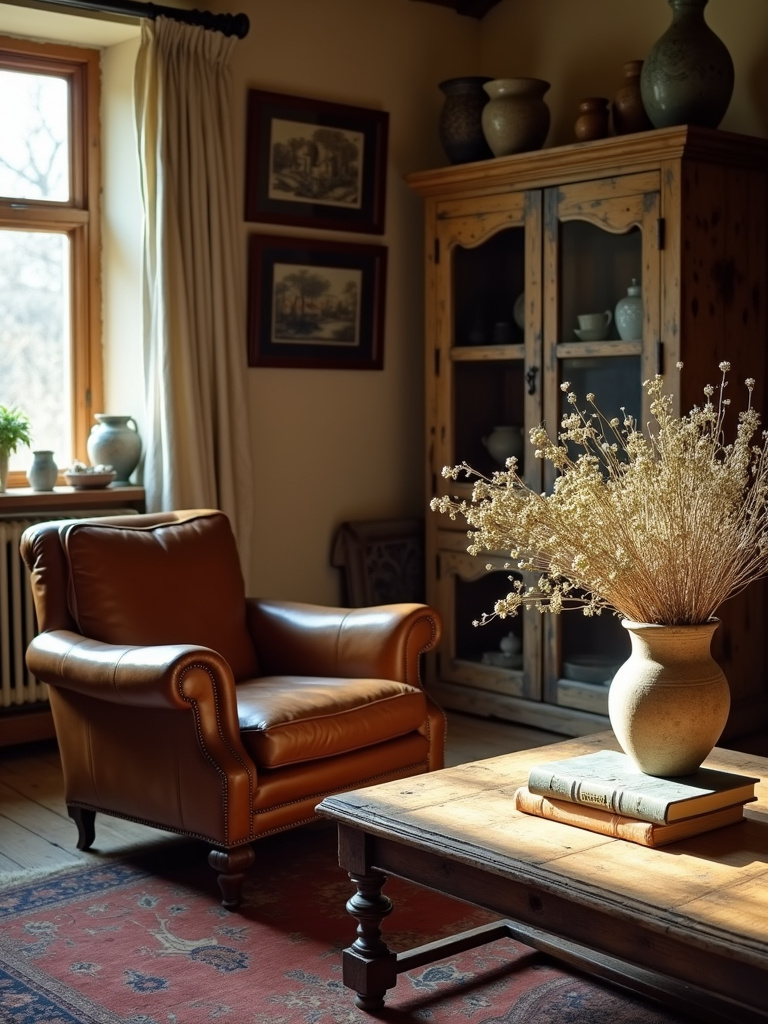 Rustic living room with vintage leather armchair, antique armoire, and reclaimed wood coffee table.