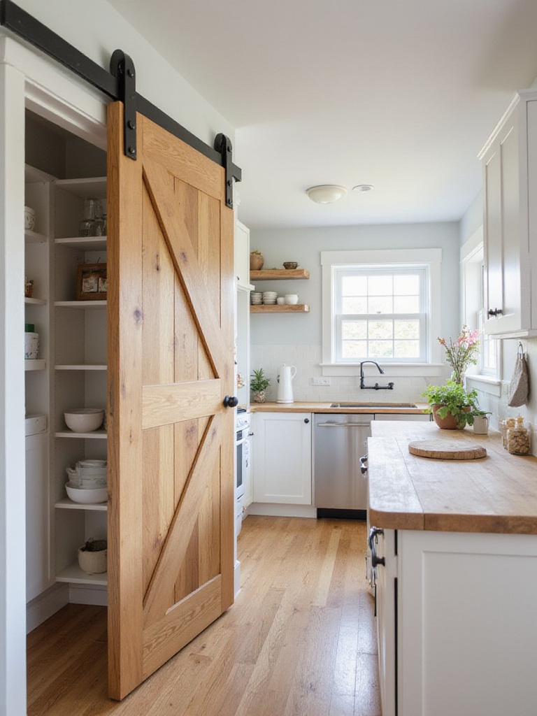 Farmhouse kitchen with a rustic barn door leading to the pantry.