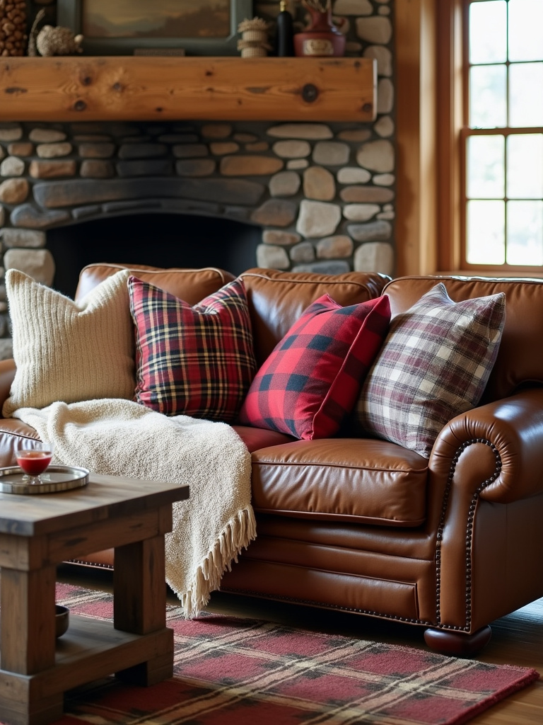 Rustic living room with plaid throw pillows and rug for cozy texture.