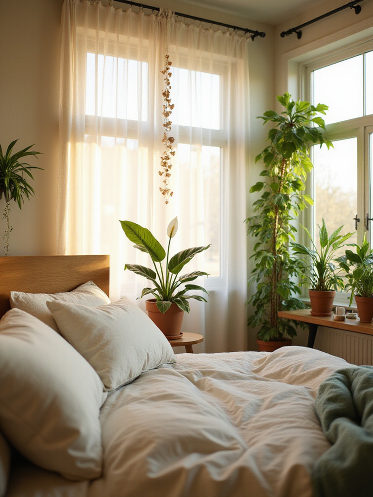 Bedroom with indoor plants creating a relaxing and romantic atmosphere
