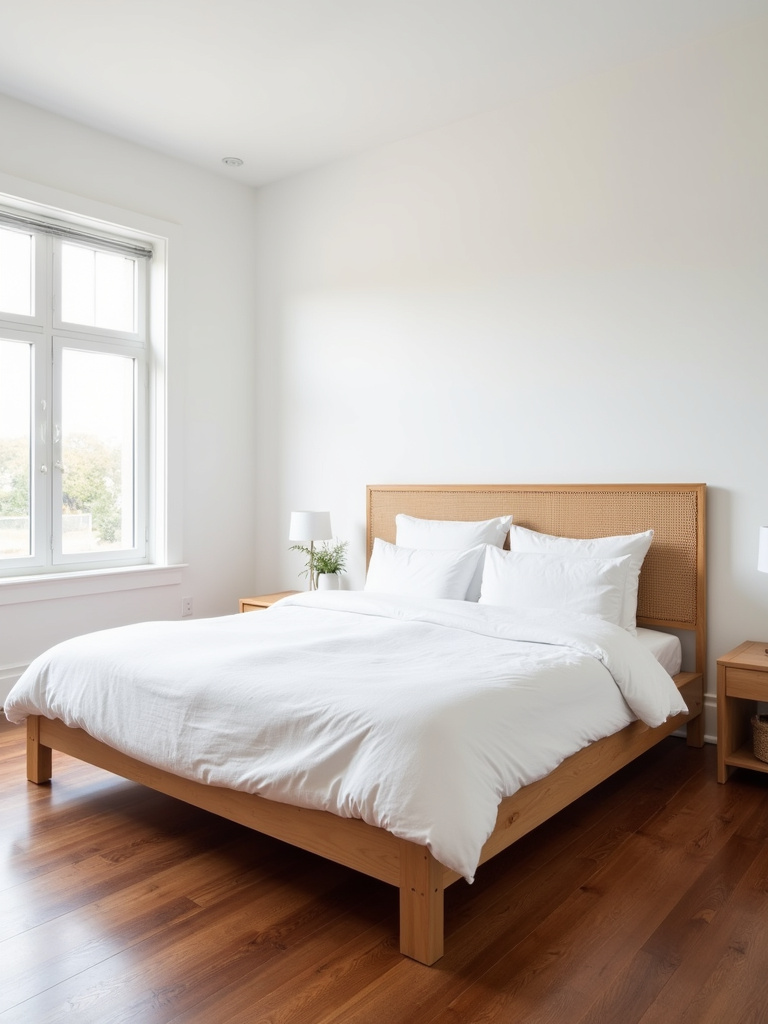 White bedroom with light oak bed frame, woven rattan headboard, and walnut hardwood flooring.
