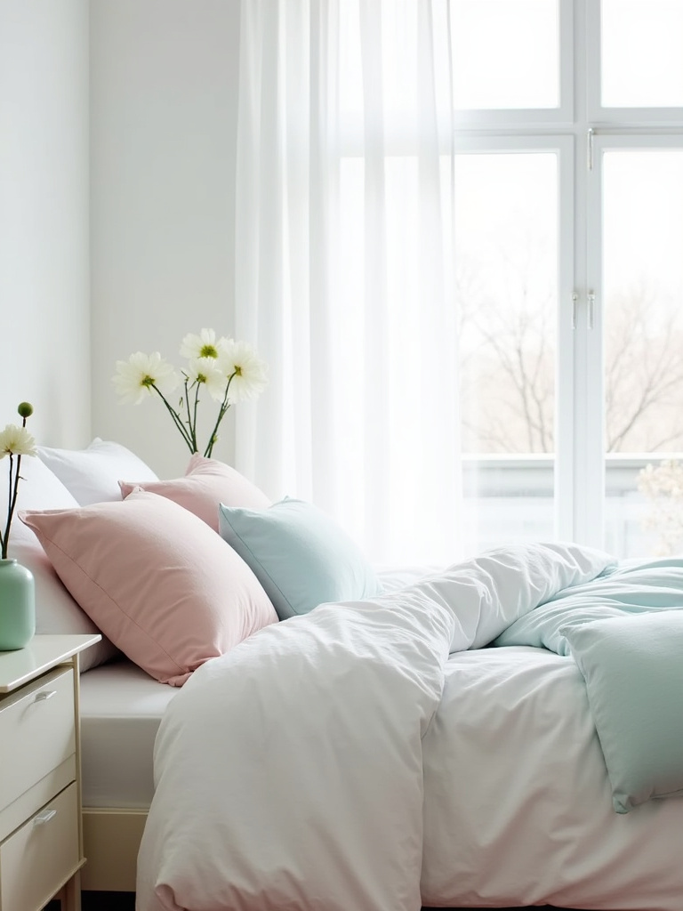 White bedroom with pastel pink and blue accents